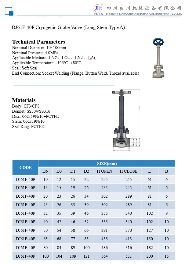 DN10100 Cryogenic Saftety Valve Globe Valves Check Valve Control Valve